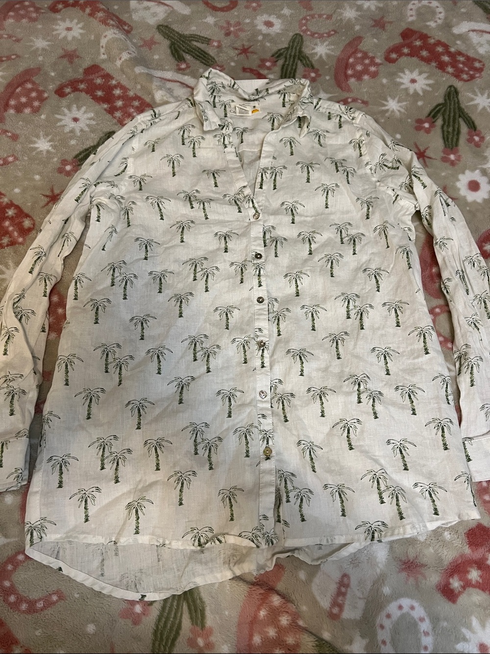 C&C California White Button-Down Shirt with Green Palm Print